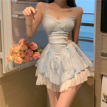 Dreamy Light Blue Lace Trimmed Cutout Waist  Mini Dress Cute Evening Parties Spaghetti Strap Tiered Ruffle Hem Short Dress AP2076