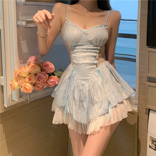 Dreamy Light Blue Lace Trimmed Cutout Waist  Mini Dress Cute Evening Parties Spaghetti Strap Tiered Ruffle Hem Short Dress AP2076