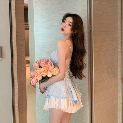 Dreamy Light Blue Lace Trimmed Cutout Waist  Mini Dress Cute Evening Parties Spaghetti Strap Tiered Ruffle Hem Short Dress AP2076