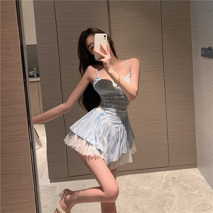 Dreamy Light Blue Lace Trimmed Cutout Waist  Mini Dress Cute Evening Parties Spaghetti Strap Tiered Ruffle Hem Short Dress AP2076