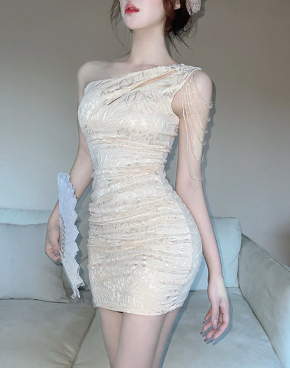 Novelty One Shoulder Beige Mini Dress Pearl Chain Floral Jacquard Evening Parties Short Dress AP2077