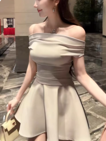 French Style Off-Shoulder Social Events Mini Skirt Alluring A-Line Cinched-Waist Flared Short Dress AP2078
