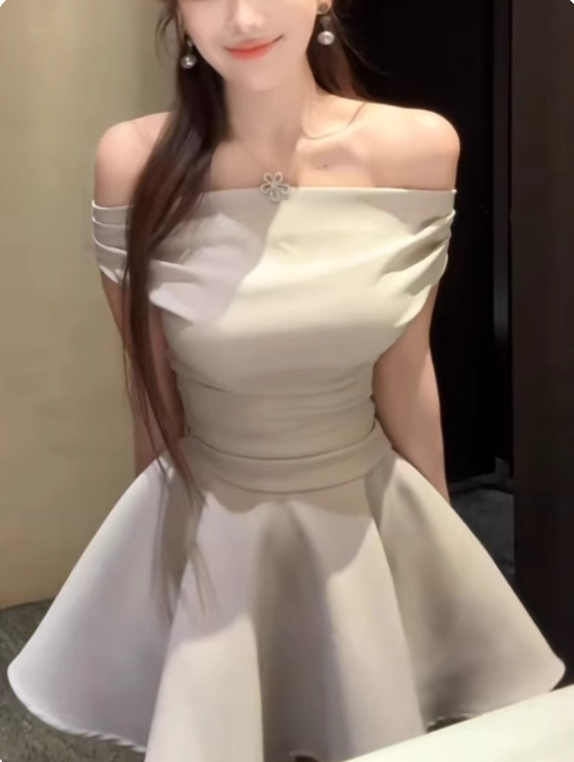 French Style Off-Shoulder Social Events Mini Skirt Alluring A-Line Cinched-Waist Flared Short Dress AP2078