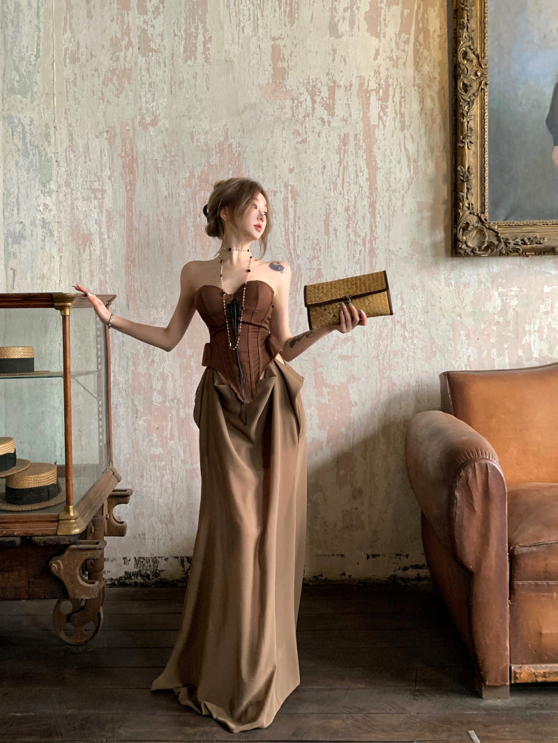 Gen Z Style Dark Corset Top Brown Strapless Maxi Skirt Vintage Formal Gatherings Ruched Waist Long Dress AP2079