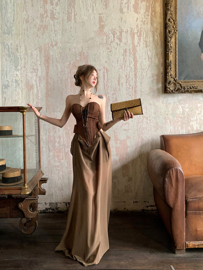 Gen Z Style Dark Corset Top Brown Strapless Maxi Skirt Vintage Formal Gatherings Ruched Waist Long Dress AP2079
