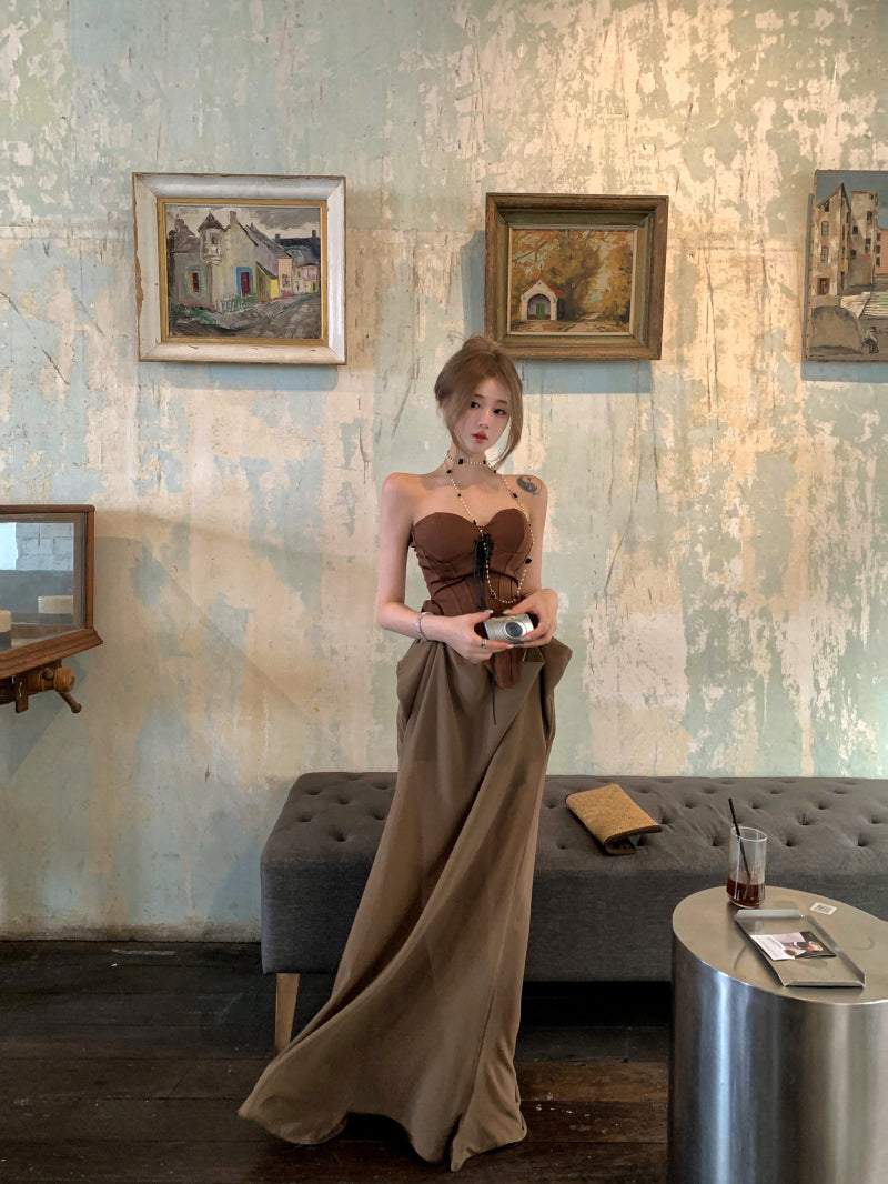 Gen Z Style Dark Corset Top Brown Strapless Maxi Skirt Vintage Formal Gatherings Ruched Waist Long Dress AP2079