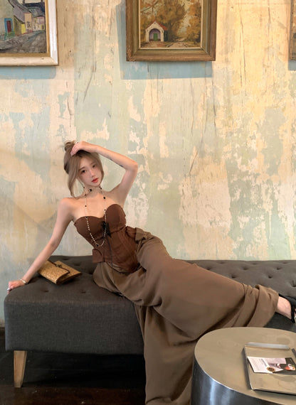 Gen Z Style Dark Corset Top Brown Strapless Maxi Skirt Vintage Formal Gatherings Ruched Waist Long Dress AP2079