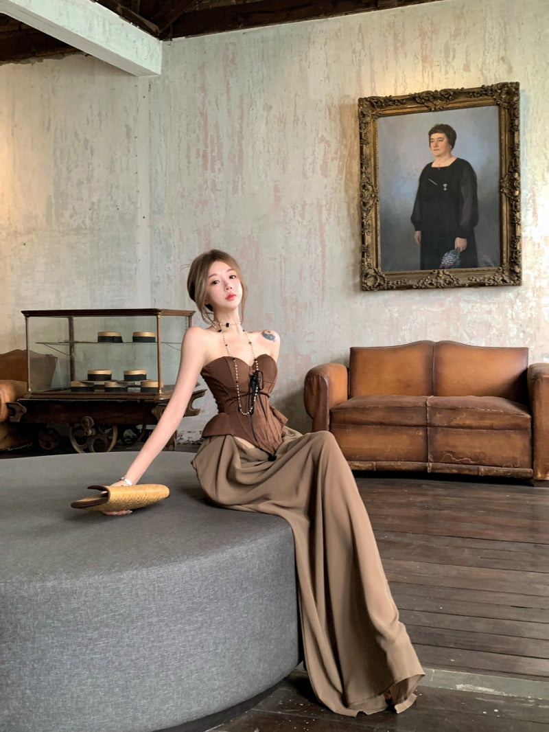 Gen Z Style Dark Corset Top Brown Strapless Maxi Skirt Vintage Formal Gatherings Ruched Waist Long Dress AP2079