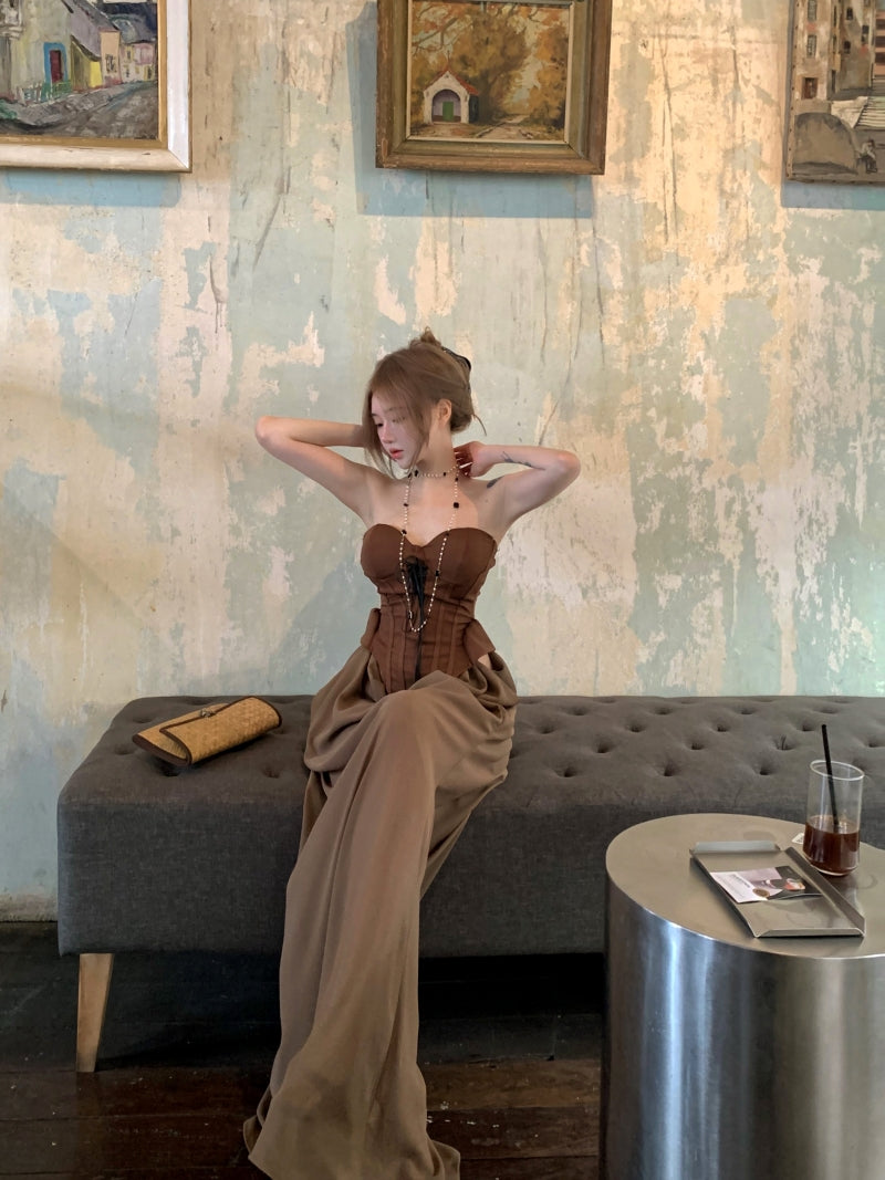 Gen Z Style Dark Corset Top Brown Strapless Maxi Skirt Vintage Formal Gatherings Ruched Waist Long Dress AP2079