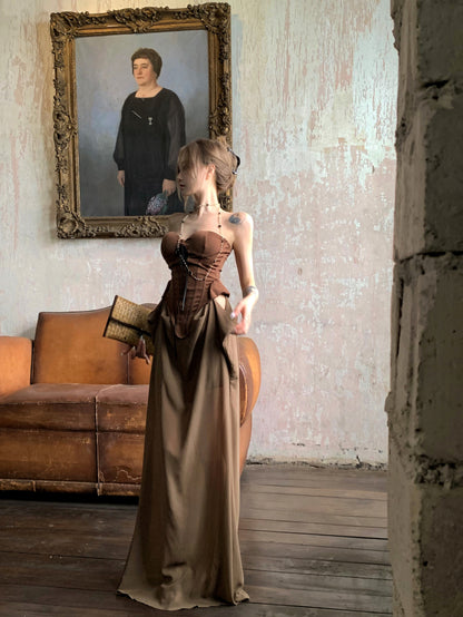 Gen Z Style Dark Corset Top Brown Strapless Maxi Skirt Vintage Formal Gatherings Ruched Waist Long Dress AP2079