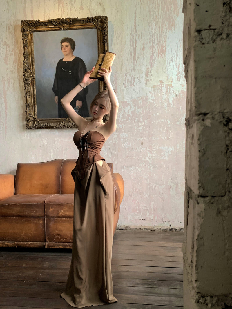 Gen Z Style Dark Corset Top Brown Strapless Maxi Skirt Vintage Formal Gatherings Ruched Waist Long Dress AP2079