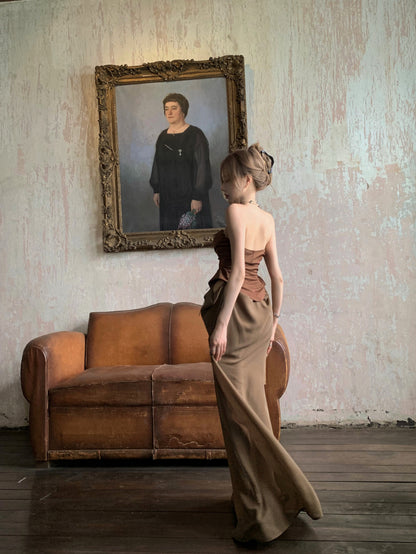 Gen Z Style Dark Corset Top Brown Strapless Maxi Skirt Vintage Formal Gatherings Ruched Waist Long Dress AP2079