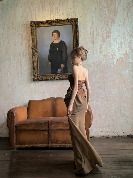 Gen Z Style Dark Corset Top Brown Strapless Maxi Skirt Vintage Formal Gatherings Ruched Waist Long Dress AP2079