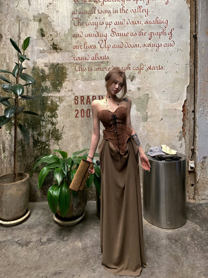 Gen Z Style Dark Corset Top Brown Strapless Maxi Skirt Vintage Formal Gatherings Ruched Waist Long Dress AP2079