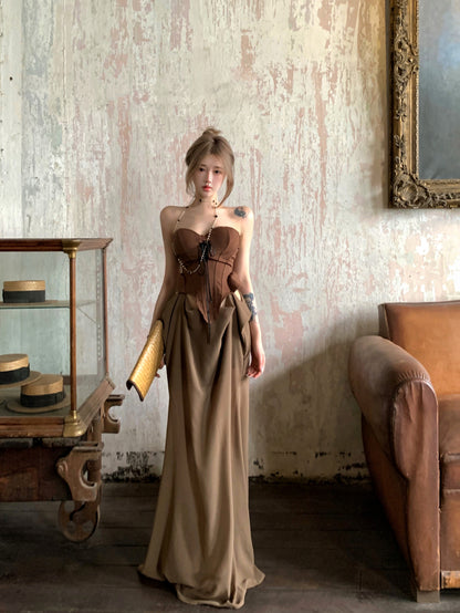 Gen Z Style Dark Corset Top Brown Strapless Maxi Skirt Vintage Formal Gatherings Ruched Waist Long Dress AP2079