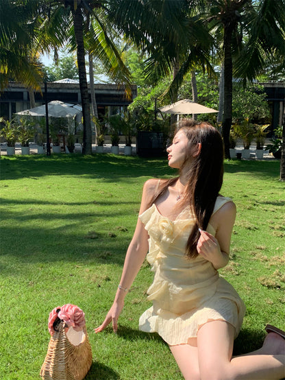 Ethereal Light Yellow Asymmetric Spaghetti Strap Mini Dress Cute 3D Floral Accent Ruffles Hem Short Dress AP2080