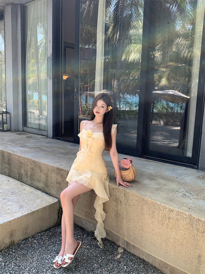 Ethereal Light Yellow Asymmetric Spaghetti Strap Mini Dress Cute 3D Floral Accent Ruffles Hem Short Dress AP2080
