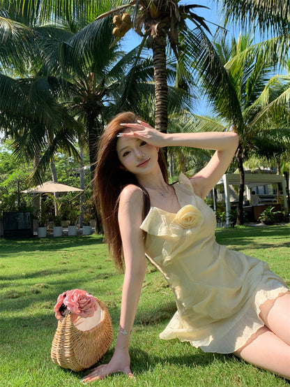 Ethereal Light Yellow Asymmetric Spaghetti Strap Mini Dress Cute 3D Floral Accent Ruffles Hem Short Dress AP2080