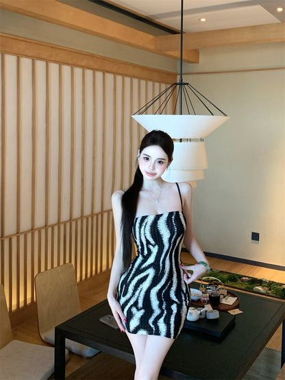 Vintage Black and White Zebra Print Mini Dress Vogue Night Clubs Spaghetti Strap Bodycon Short Dress AP2081
