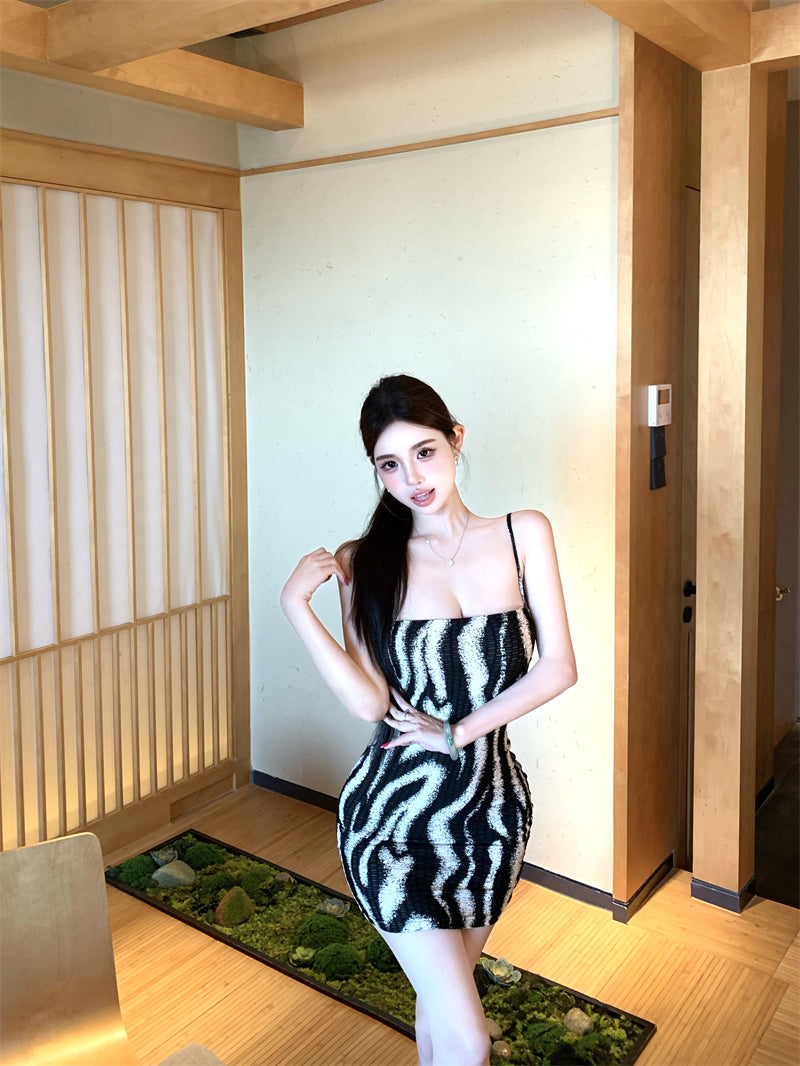 Vintage Black and White Zebra Print Mini Dress Vogue Night Clubs Spaghetti Strap Bodycon Short Dress AP2081