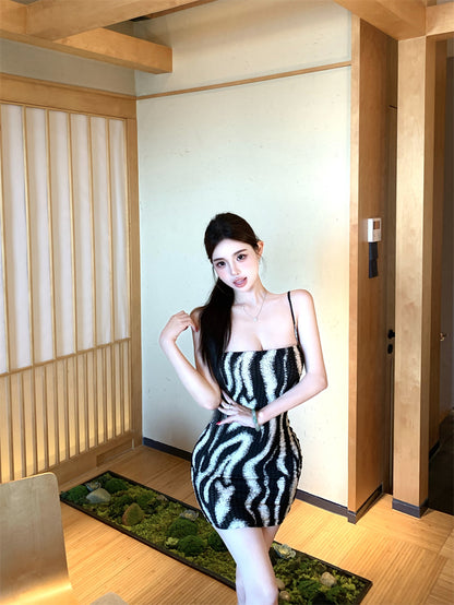 Vintage Black and White Zebra Print Mini Dress Vogue Night Clubs Spaghetti Strap Bodycon Short Dress AP2081