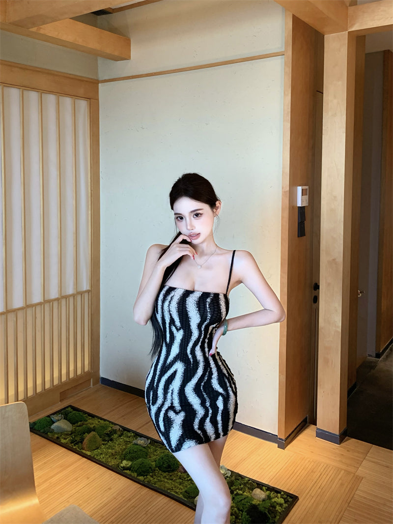 Vintage Black and White Zebra Print Mini Dress Vogue Night Clubs Spaghetti Strap Bodycon Short Dress AP2081