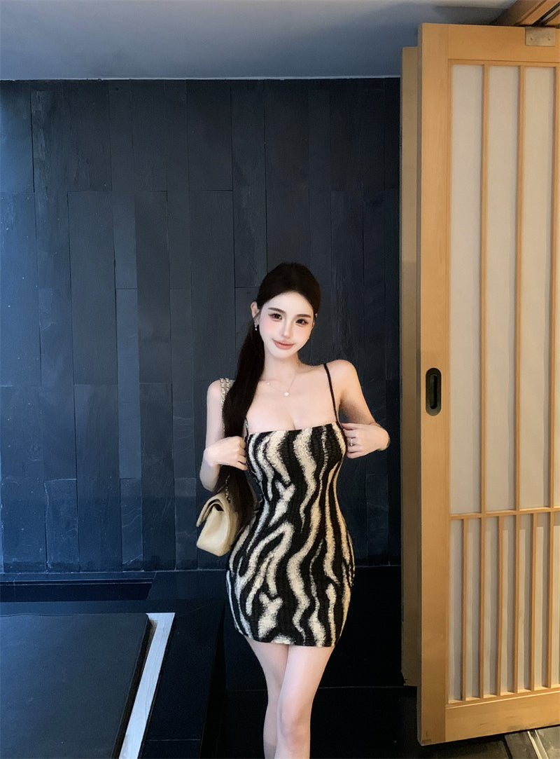 Vintage Black and White Zebra Print Mini Dress Vogue Night Clubs Spaghetti Strap Bodycon Short Dress AP2081
