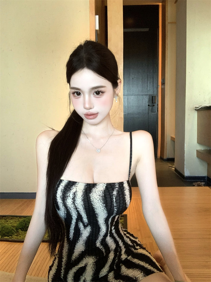 Vintage Black and White Zebra Print Mini Dress Vogue Night Clubs Spaghetti Strap Bodycon Short Dress AP2081