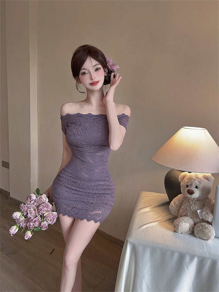 Elegant Lavender Off-Shoulder Short Sleeve Mini Skirt Sexy Night Clubs Bodycon Lace Trimmed Short Dress AP2082
