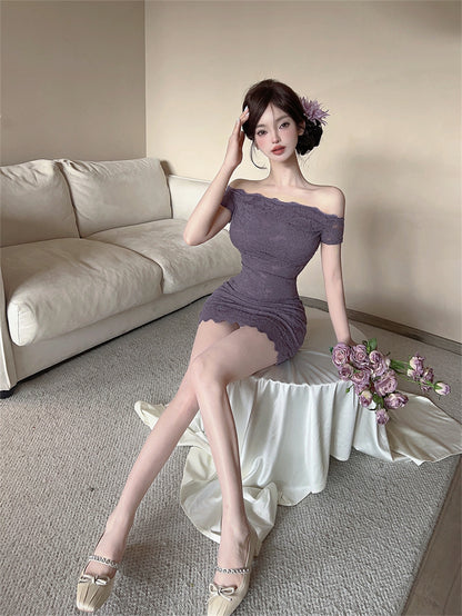 Elegant Lavender Off-Shoulder Short Sleeve Mini Skirt Sexy Night Clubs Bodycon Lace Trimmed Short Dress AP2082