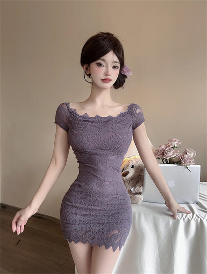 Elegant Lavender Off-Shoulder Short Sleeve Mini Skirt Sexy Night Clubs Bodycon Lace Trimmed Short Dress AP2082