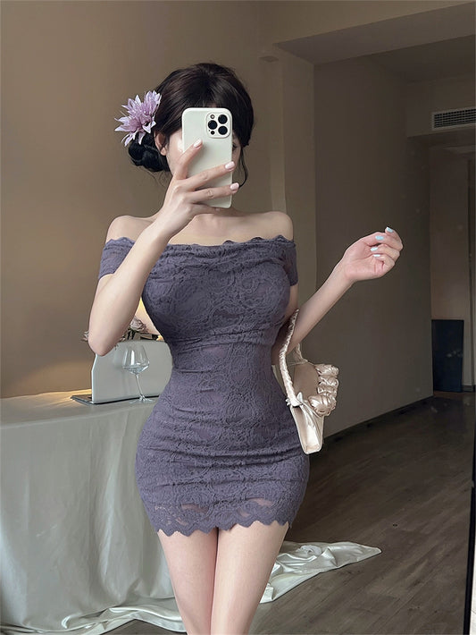 Elegant Lavender Off-Shoulder Short Sleeve Mini Skirt Sexy Night Clubs Bodycon Lace Trimmed Short Dress AP2082