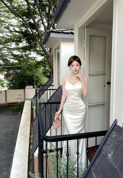 Vogue Ivory Satin Deep V Neck Mermaid Maxi Dress French Style Spaghetti Straps Sheen Fabric Long Dress AP2083