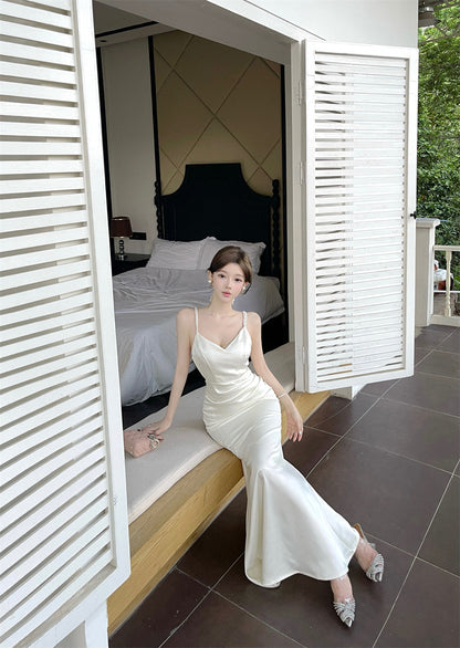Vogue Ivory Satin Deep V Neck Mermaid Maxi Dress French Style Spaghetti Straps Sheen Fabric Long Dress AP2083