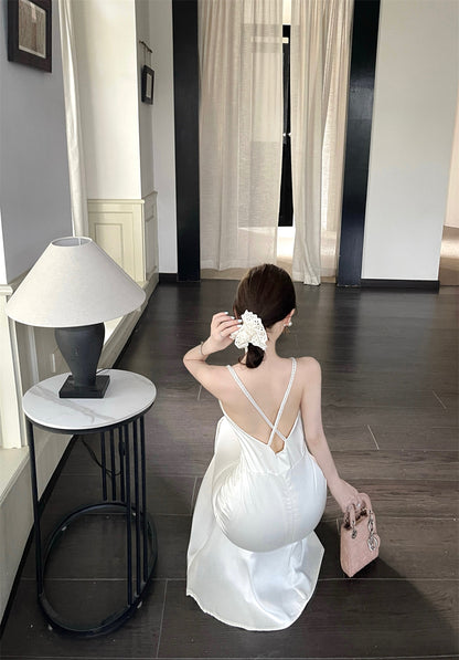 Vogue Ivory Satin Deep V Neck Mermaid Maxi Dress French Style Spaghetti Straps Sheen Fabric Long Dress AP2083