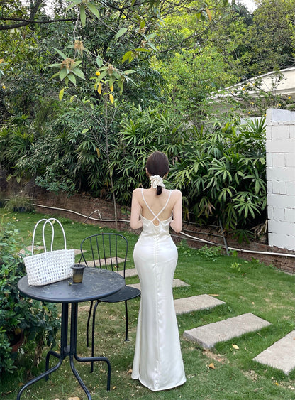 Vogue Ivory Satin Deep V Neck Mermaid Maxi Dress French Style Spaghetti Straps Sheen Fabric Long Dress AP2083