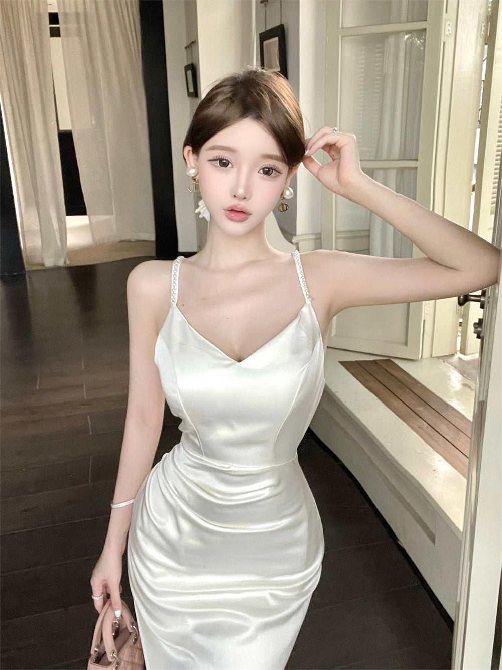 Vogue Ivory Satin Deep V Neck Mermaid Maxi Dress French Style Spaghetti Straps Sheen Fabric Long Dress AP2083
