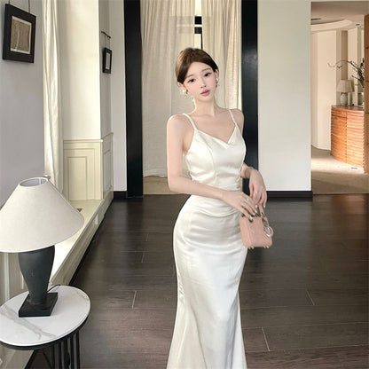 Vogue Ivory Satin Deep V Neck Mermaid Maxi Dress French Style Spaghetti Straps Sheen Fabric Long Dress AP2083