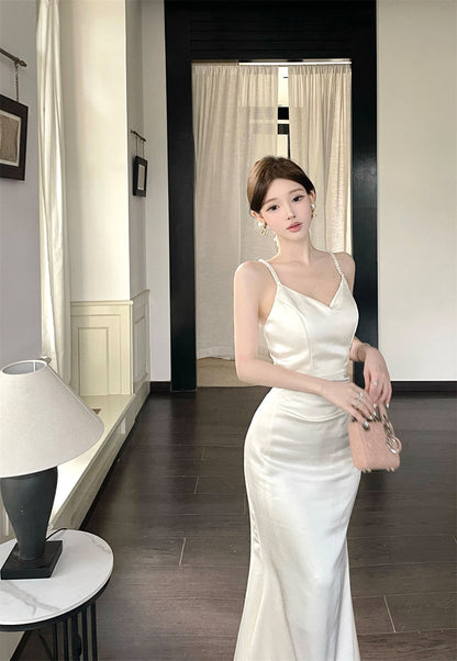 Vogue Ivory Satin Deep V Neck Mermaid Maxi Dress French Style Spaghetti Straps Sheen Fabric Long Dress AP2083