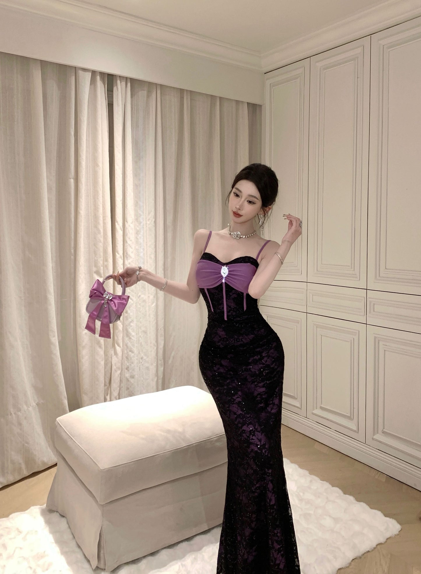 French Style Sheer Black Lace Overlay Sequins Design Maxi Dress Chic Purple Satin Bow Spaghetti Straps Mermaid Long Dress AP2085