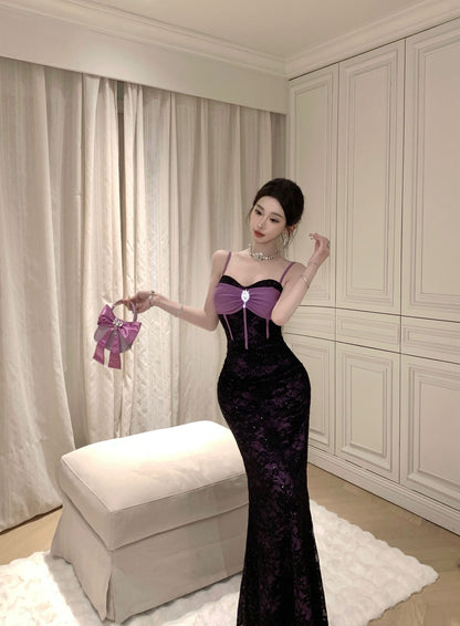 French Style Sheer Black Lace Overlay Sequins Design Maxi Dress Chic Purple Satin Bow Spaghetti Straps Mermaid Long Dress AP2085