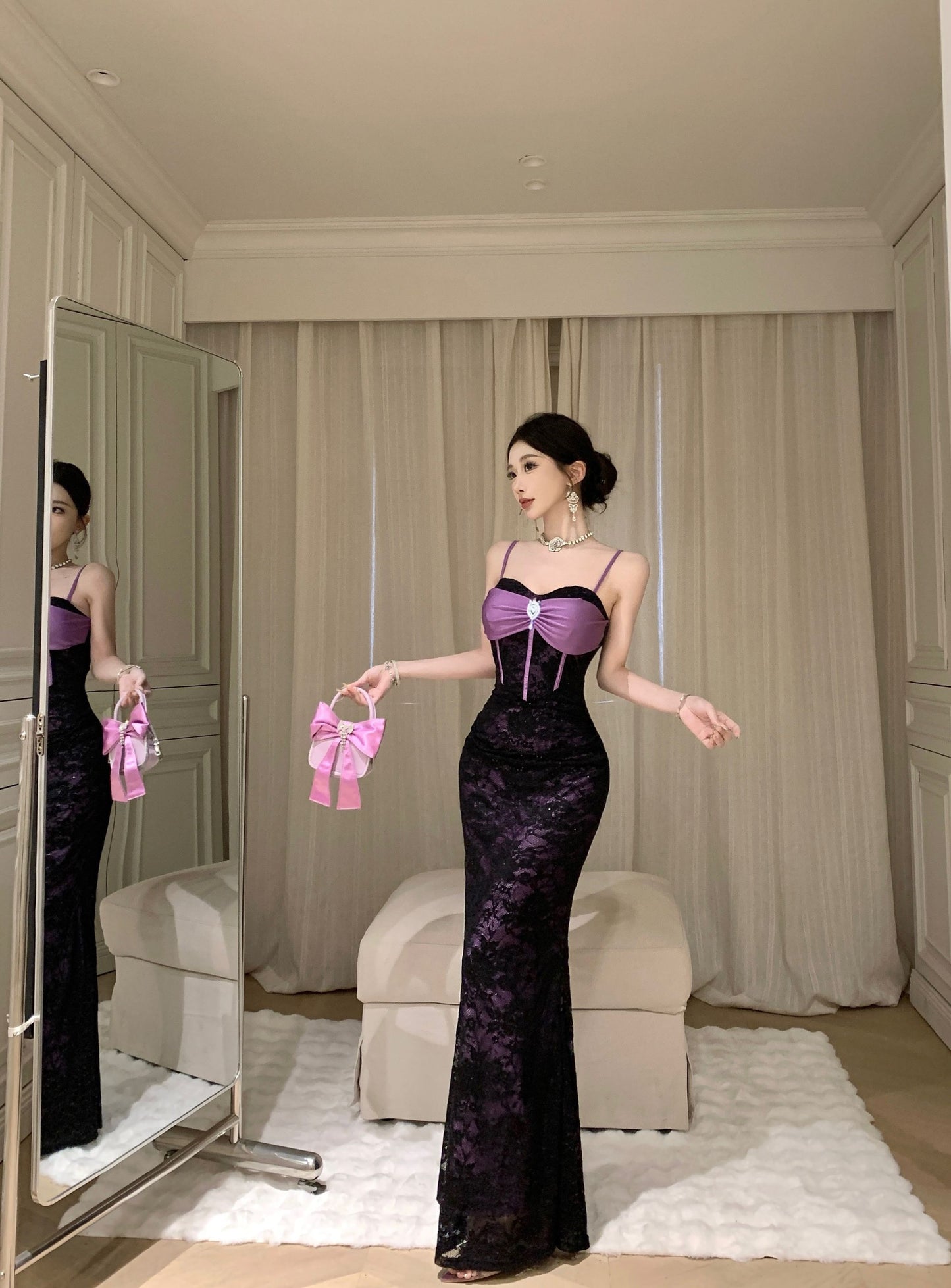 French Style Sheer Black Lace Overlay Sequins Design Maxi Dress Chic Purple Satin Bow Spaghetti Straps Mermaid Long Dress AP2085