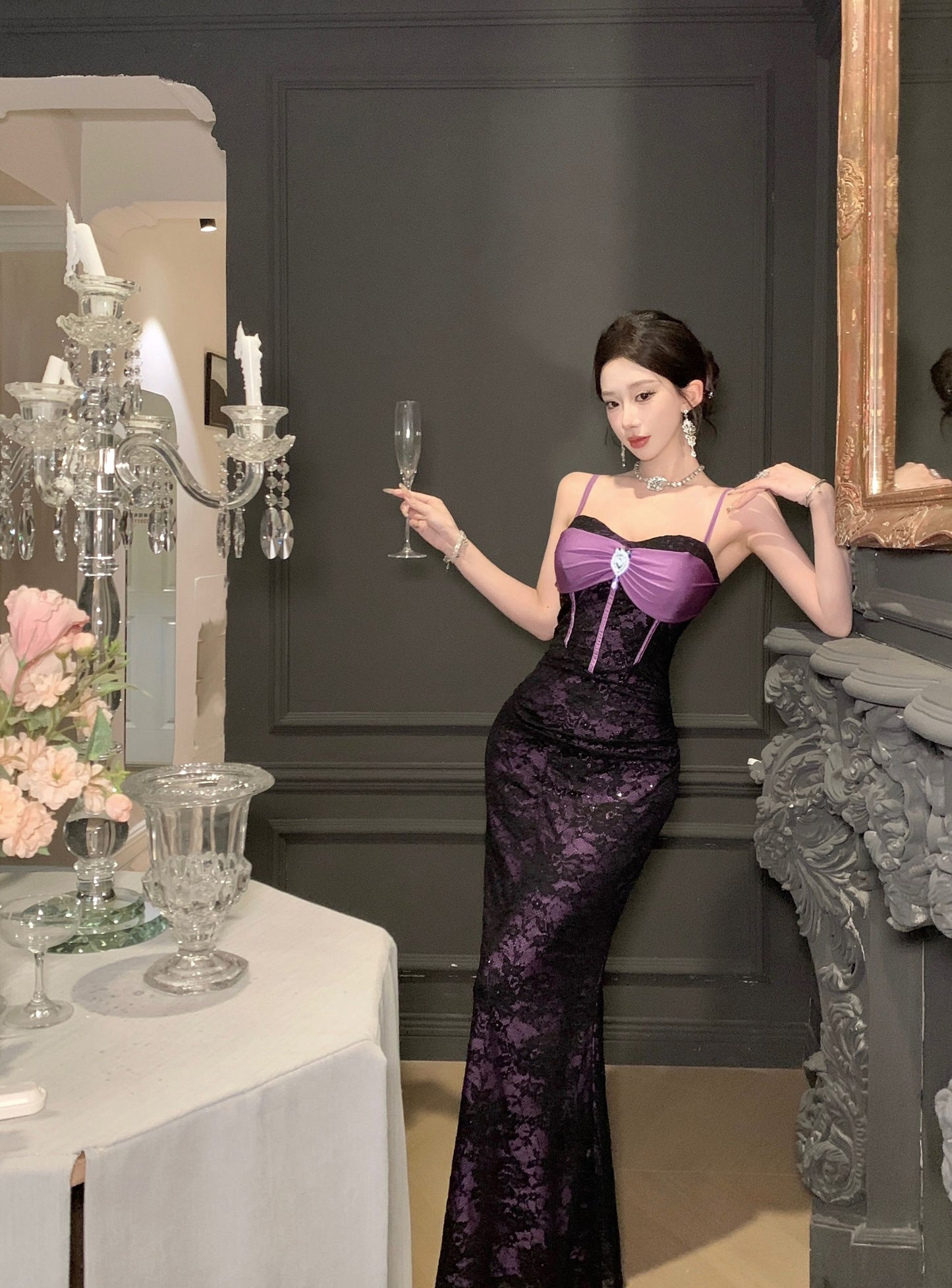 French Style Sheer Black Lace Overlay Sequins Design Maxi Dress Chic Purple Satin Bow Spaghetti Straps Mermaid Long Dress AP2085