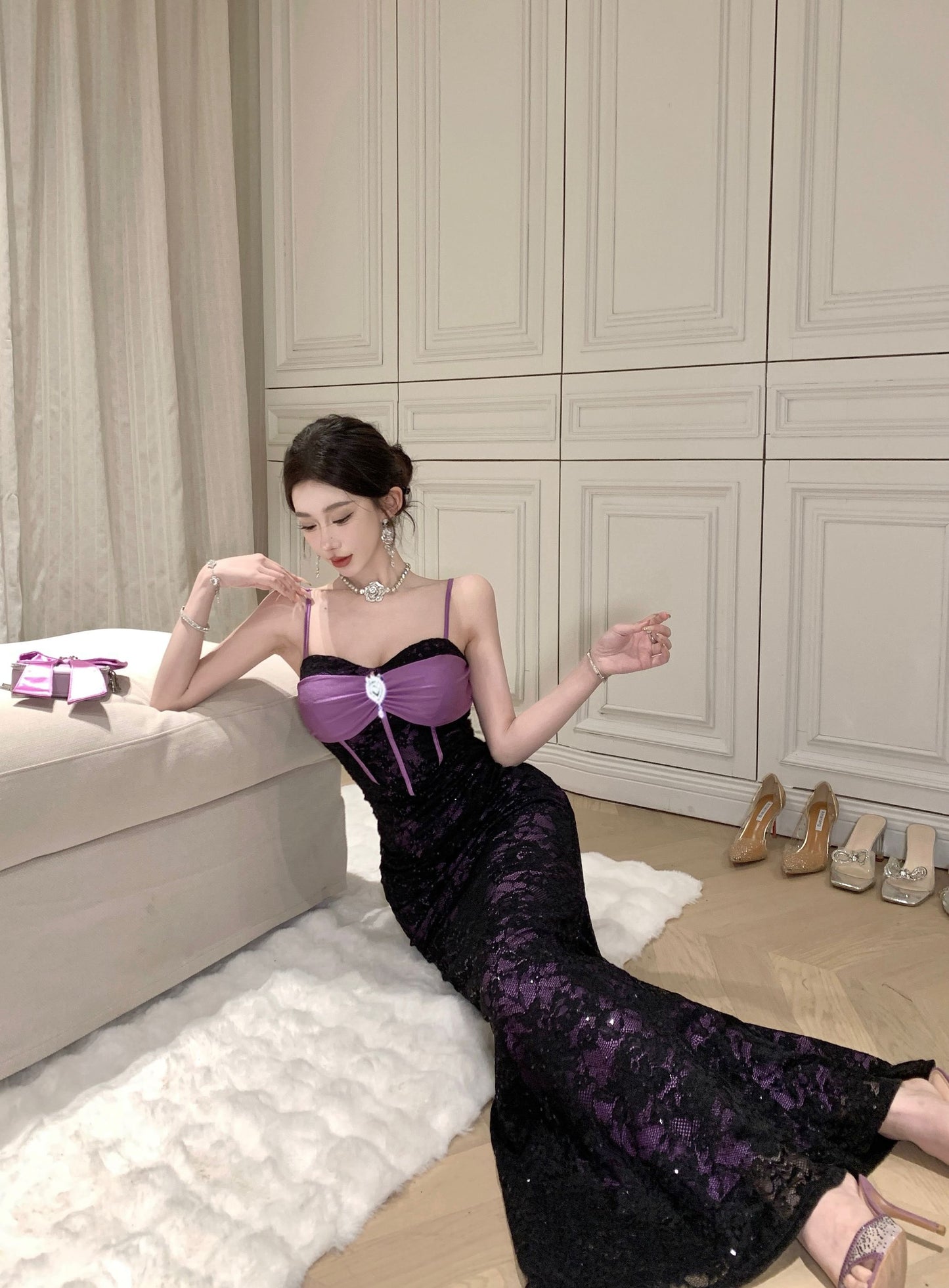 French Style Sheer Black Lace Overlay Sequins Design Maxi Dress Chic Purple Satin Bow Spaghetti Straps Mermaid Long Dress AP2085