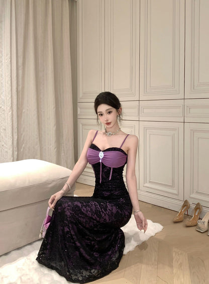 French Style Sheer Black Lace Overlay Sequins Design Maxi Dress Chic Purple Satin Bow Spaghetti Straps Mermaid Long Dress AP2085