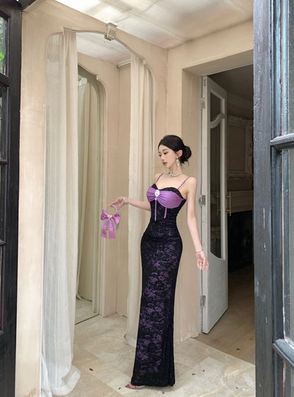 French Style Sheer Black Lace Overlay Sequins Design Maxi Dress Chic Purple Satin Bow Spaghetti Straps Mermaid Long Dress AP2085