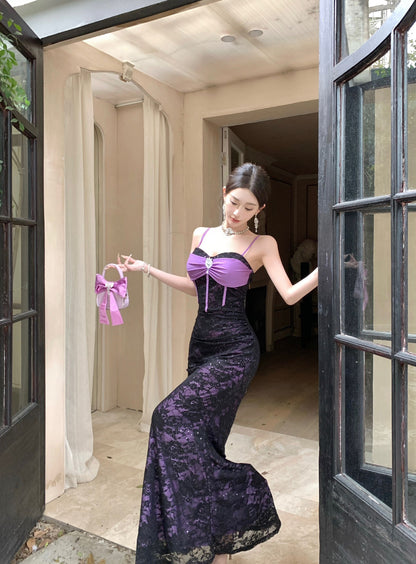 French Style Sheer Black Lace Overlay Sequins Design Maxi Dress Chic Purple Satin Bow Spaghetti Straps Mermaid Long Dress AP2085