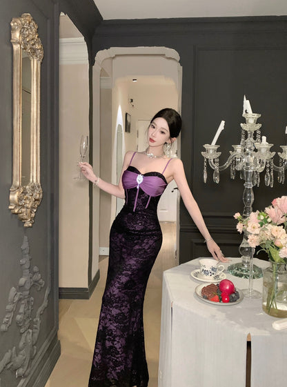 French Style Sheer Black Lace Overlay Sequins Design Maxi Dress Chic Purple Satin Bow Spaghetti Straps Mermaid Long Dress AP2085