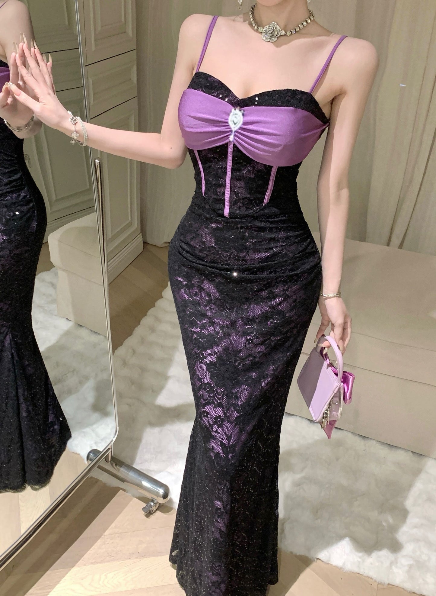 French Style Sheer Black Lace Overlay Sequins Design Maxi Dress Chic Purple Satin Bow Spaghetti Straps Mermaid Long Dress AP2085