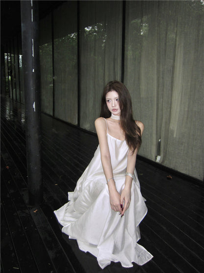 Graceful Ivory Satin-Like Spaghetti Strap Maxi Dress Glamorous Scarf Neck Tie Flowy Long Dress AP2086